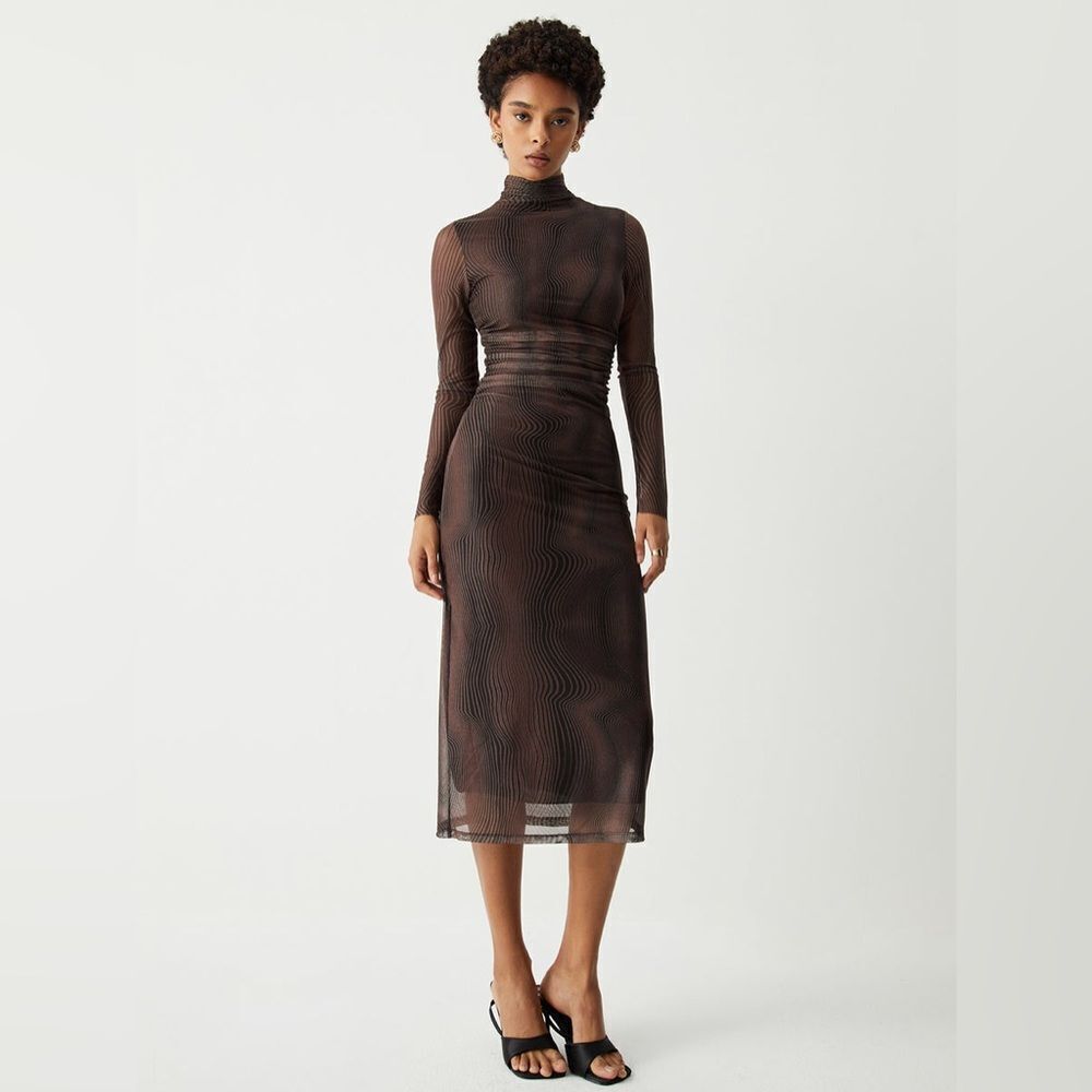 Commense Illusion Tulle Print Mock Neck‎ Mesh Midi Dress size S